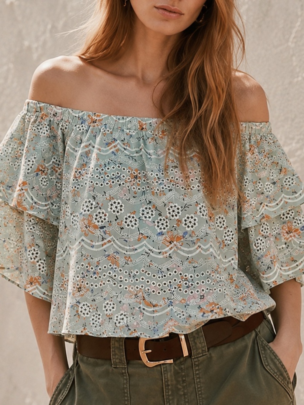 LAIA Anthropologie Off Shoulder Embroidered
Floral Eyelet Top Flutter Sleeve Med